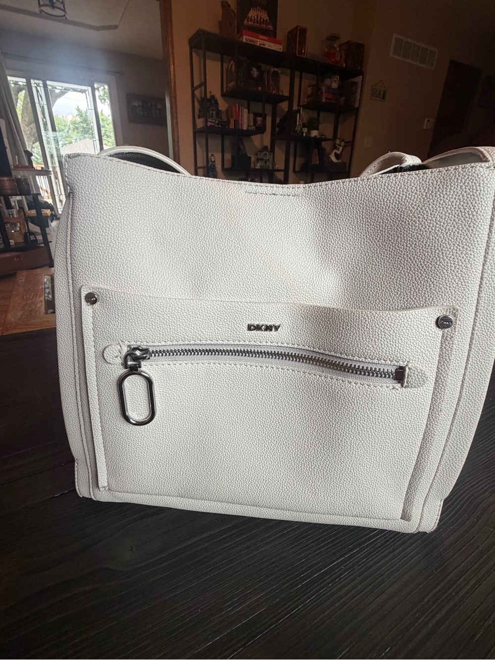 DKNY White Pebbled Leather Shoulder Tote with Front Zip Pocket and Double Straps